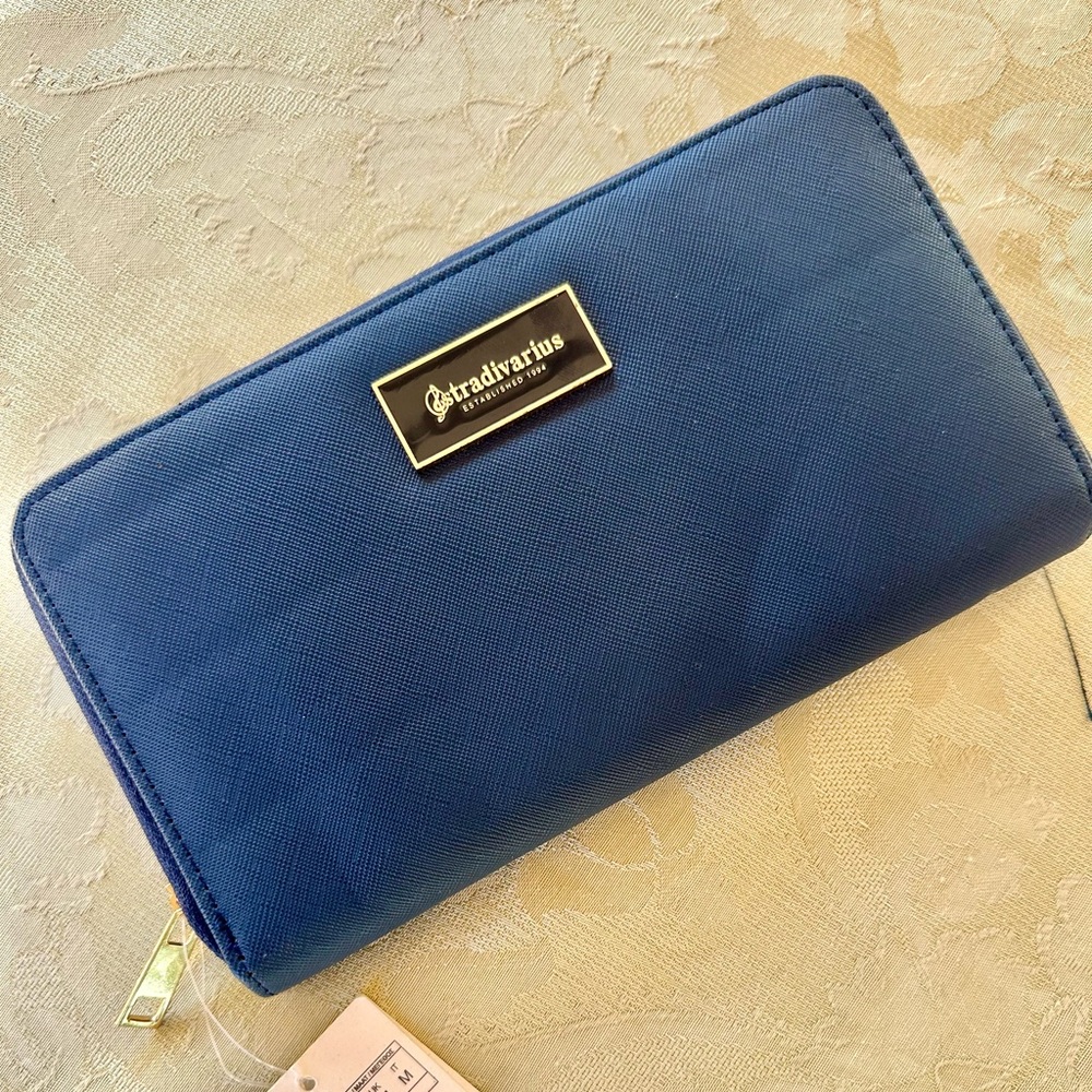 Stradivarius Navy Blue Zip Around Wallet Gold Logo Long Wallet NWT